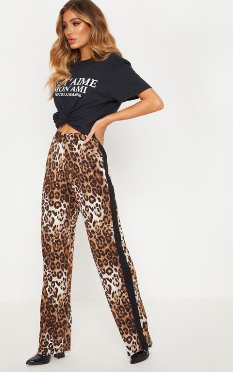 Black Slinky Leopard Print Contrast Side Stripe Wide Leg Trouser