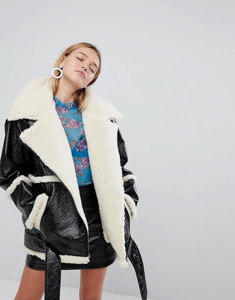 Monki Premium Shearling Aviator Jacket - Black