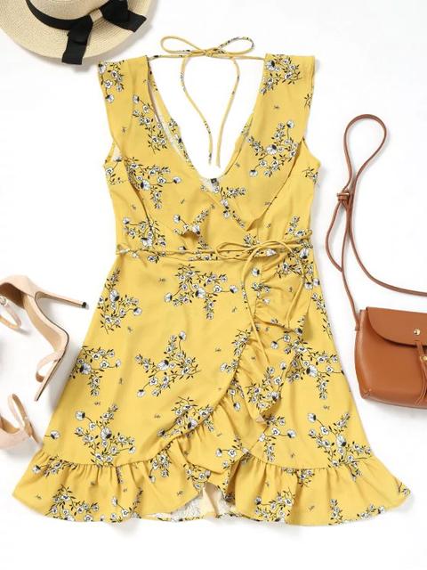 Vestido Escote Pronunciado Con Volantes Y Cinturón