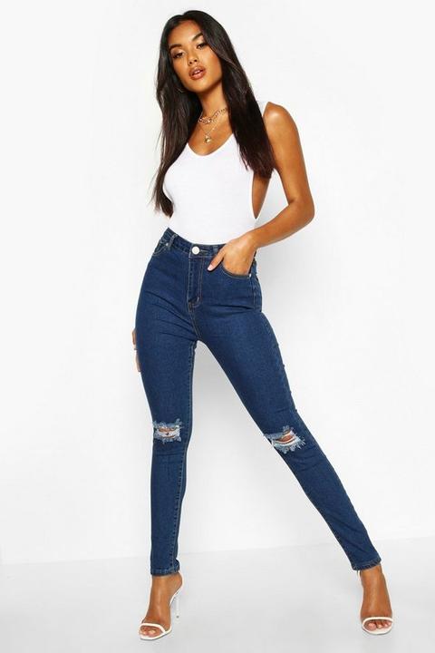 Womens Basics High Waist Distressed Skinny Jeans - Blue - 8, Blue