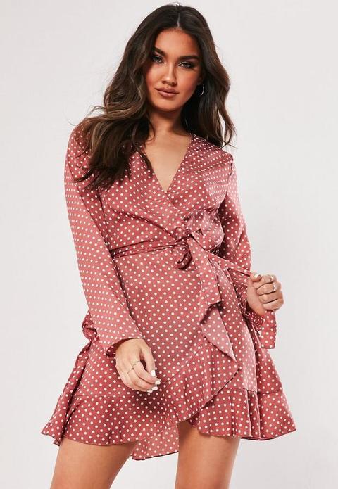 Pink Wrap Front Polka Dot Satin Tea Dress, Nude