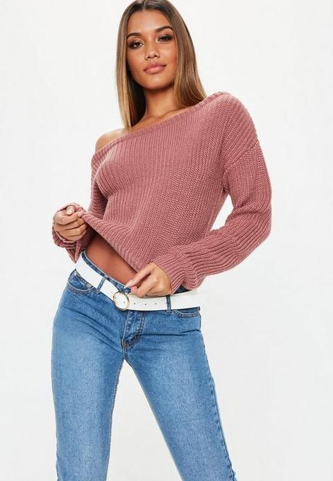 Pink Cropped Off The Shoulder Jumper, Rose Pink