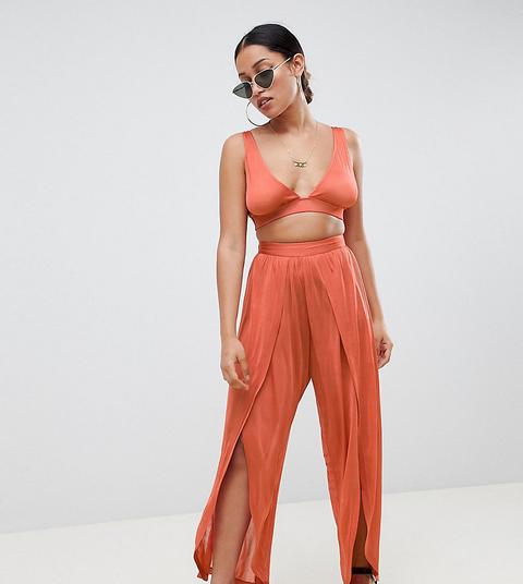 Asos Design Petite Beach Co-ord Trouser In Slinky - Rust
