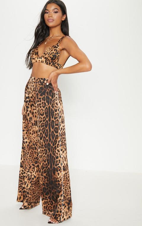 Brown Satin Leopard Print Side Binding Wide Leg Trouser