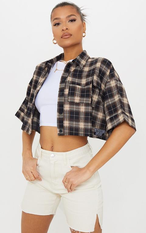 Prettylittlething Brown Badge Oversized Short Sleeve Crop Shirt