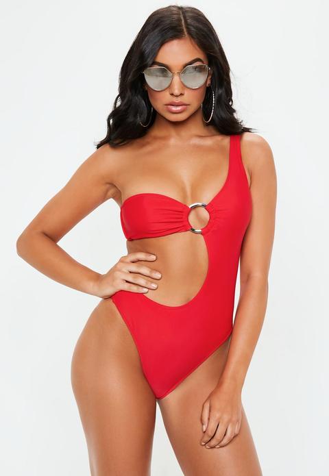 One Shoulder Ring Front Cut Out Swimsuit Red, Red