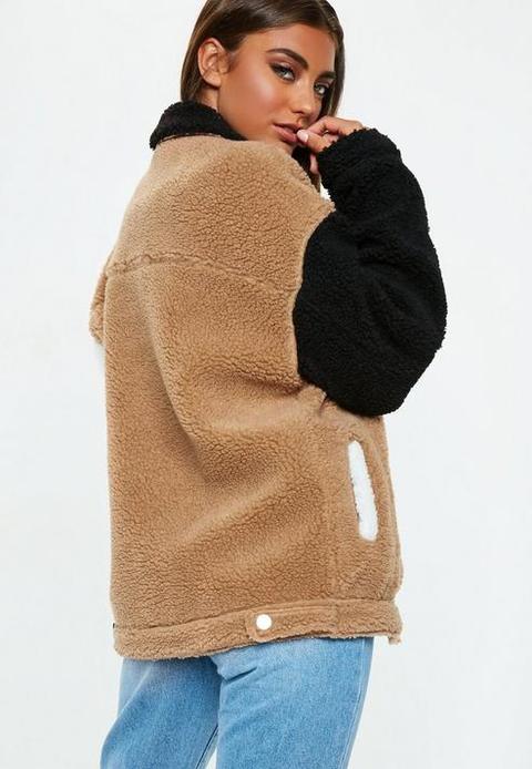 black colour block borg trucker jacket