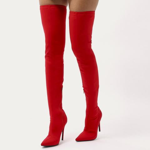 Dazzle Sock Fit Pointed Toe Over The Knee Boots In Red Stretch