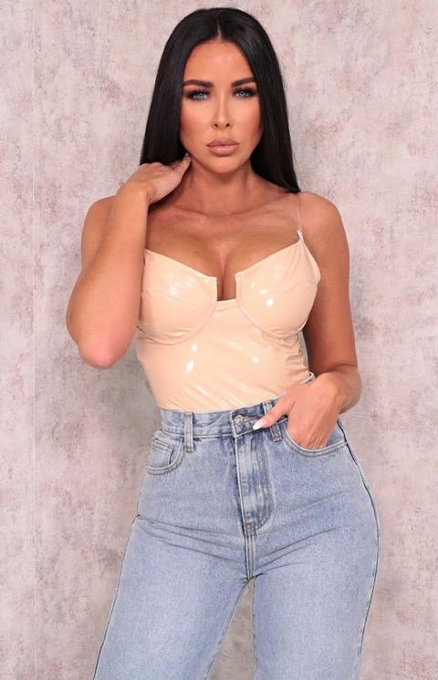 Apricot Faux Leather Vinyl Cupped Bodysuit - Niamh