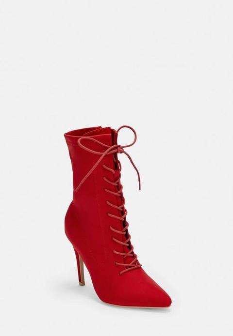 Red Pointed Lace Up Heeled Ankle Sock 