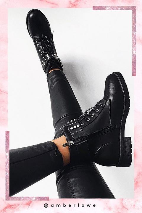 Lottie Black Lace Up Buckle Boots