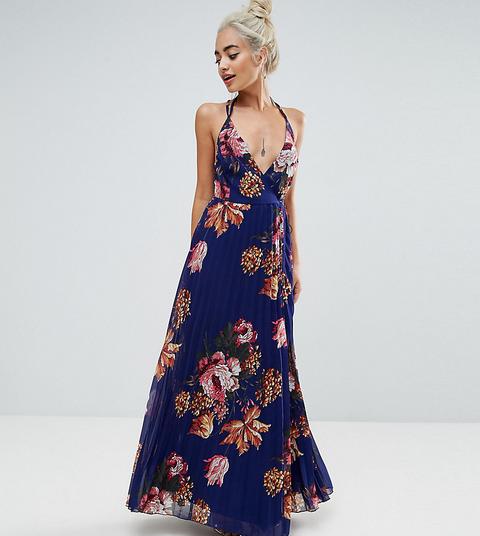 Asos Petite Floral Cami Pleated Maxi Dress - Navy