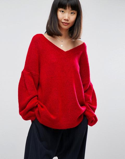 Asos - Maglione Oversize Con Scollo A V - Rosso