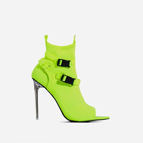 Lit Perspex Buckle Detail Pointed Peep Toe Ankle Sock Boot In Green Lycra, Green