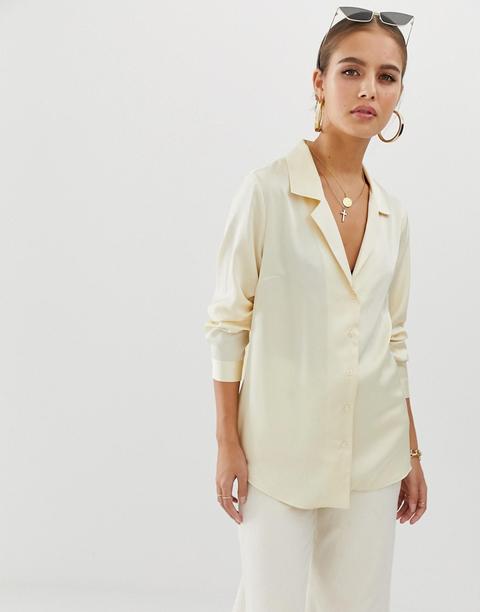Camisa De Manga Larga De Satén De Corte Holgado De Asos Design-blanco