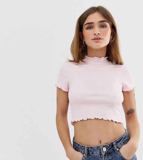 Camiseta Corta De Corte Slim Con Cuello Alto Y Bajo Rizado En Rosa De Asos Design-violeta