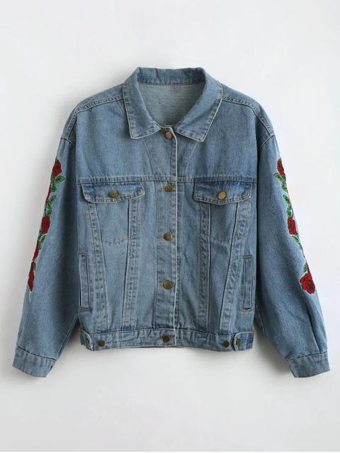 Drop Shoulder Embroidered Denim Jacket