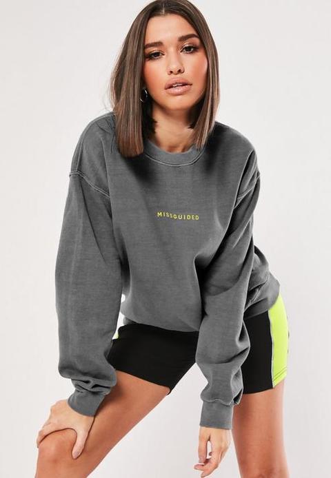 Grey Washed Missguided Slogan Washed Sweatshirt, Grey