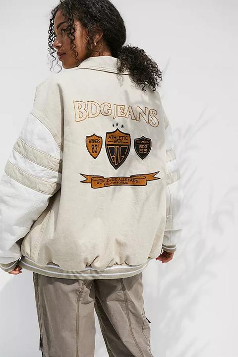 Bdg Ecru Denim Varsity Jacket - Beige S At Urban Outfitters