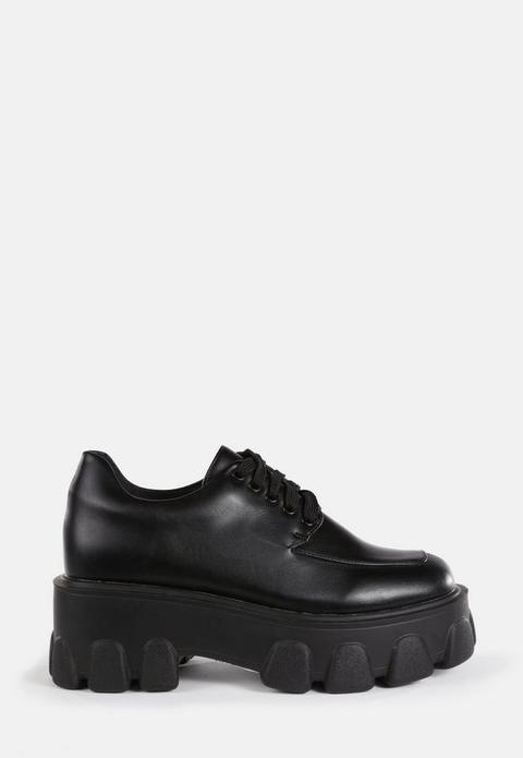Black Chunky Lace Up Flat Shoes, Black