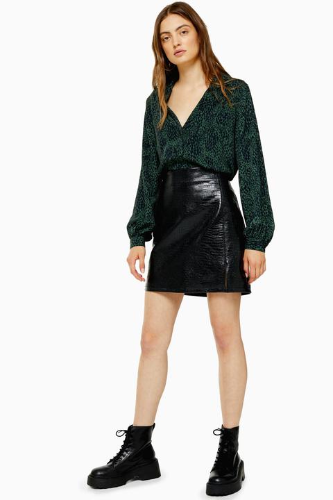 Womens Tall Black Crocodile Pu Split Mini Skirt - Black, Black