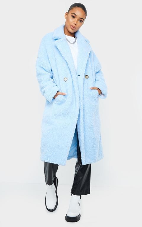 Dusty Blue Borg Lapel Drop Arm Maxi Coat