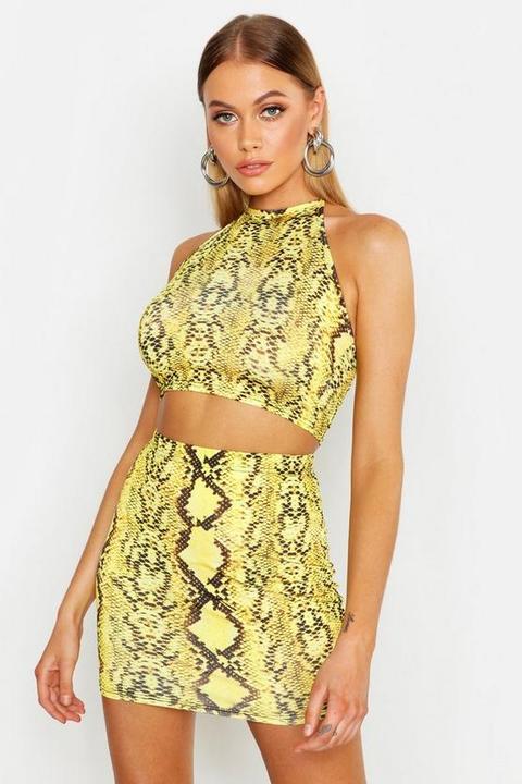 Halterneck Neon Snake Print Mini Skirt Co-ord