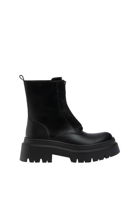Pull&bear Femme Bottines Plates Noires À Semelle Crantée, Avec Fermeture Éclair À Lintérieur. Épaisseur De La Semelle : 6,5 Cm. Noir 37