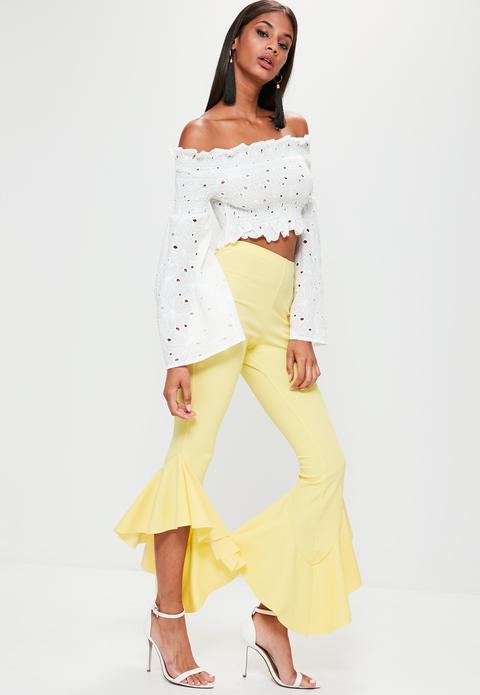 Pantalón De Pinzas Asimétrico Con Volantes En Amarillo