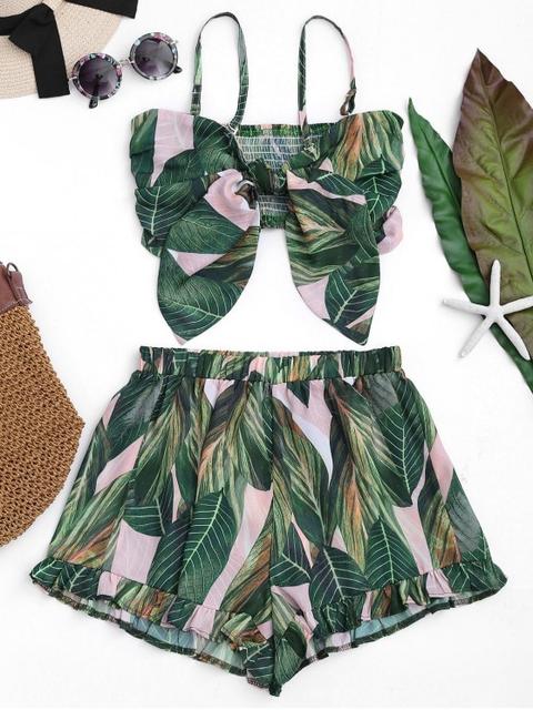 Bowknot Leaf Print Smocked Top Con Volantes Pantalones Cortos Floral