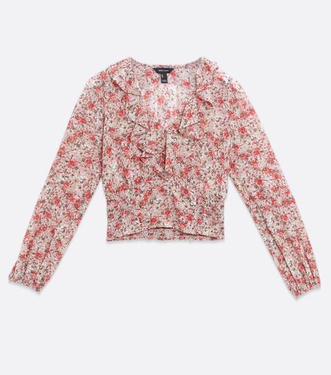 Pink Floral Ruffle Shirred Blouse New Look