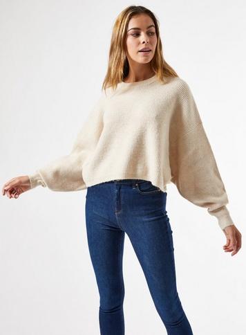 Womens Beige Boxy Crew Neck Batwing Knitted Jumper, Beige