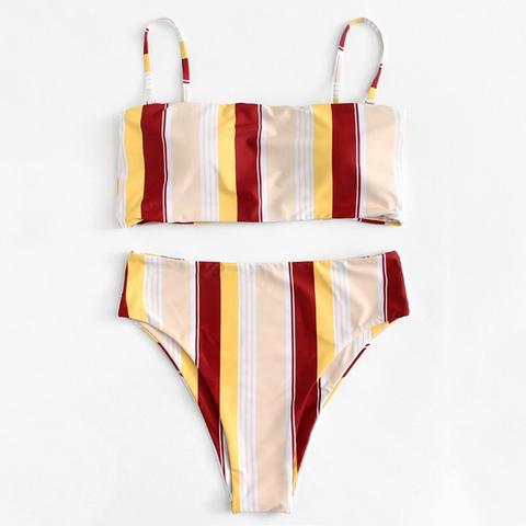 Set De Bikini De Rayas Con Tiras Ajustables