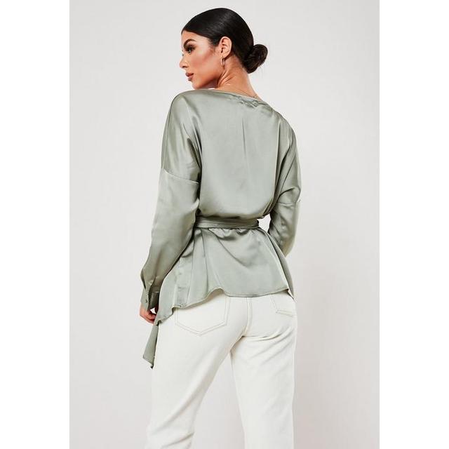 Green Extreme Oversized Satin Plunge Tie Waist Blouse, Missguided