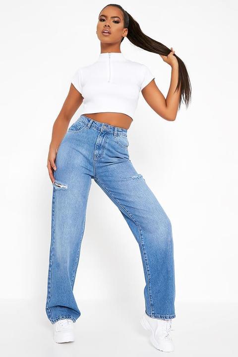 Mid Wash Thigh Rip 90's Baggy Jean , Blue