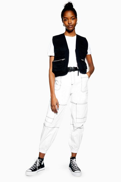 Womens White Belted Contrast Stitch Cargo Trousers - White, White