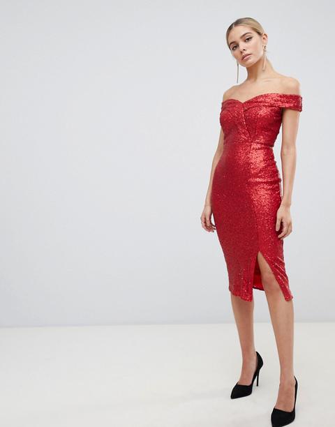 Outrageous Fortune - Vestito Midi Rosso Con Paillettes E Scollo Alla Bardot - Rosso