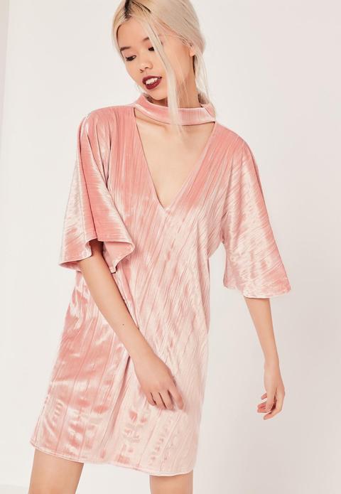 Velvet Choker Shift Dress Pink