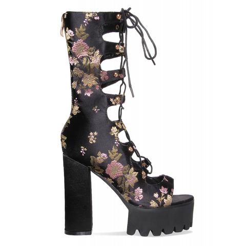 Mireya Black Floral Lace Up Platform Heels