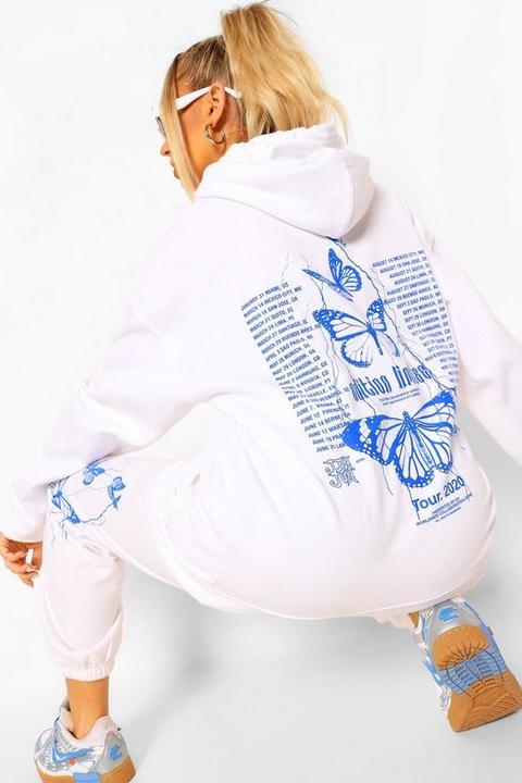 Womens Butterfly Back Print Hooded Tracksuit - White - L, White