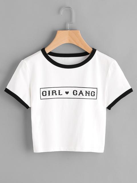 Slogan Print Crop Ringer Tee