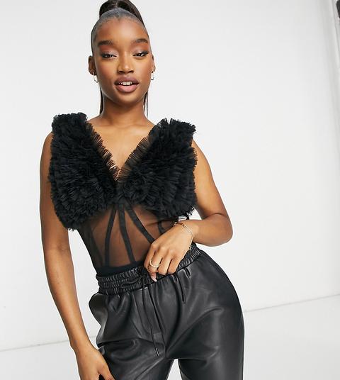 Body Negro Estilo Corsé Con Volantes En Los Hombros Exclusivo De Lace & Beads