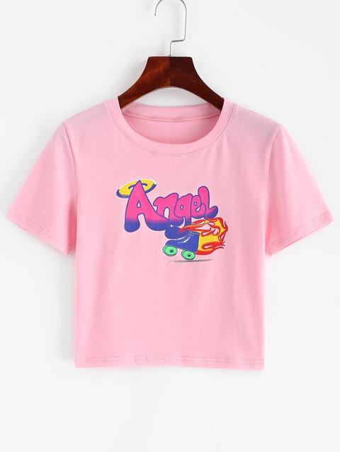 T-shirt Crop Manica Corta Grafica Angel Pink