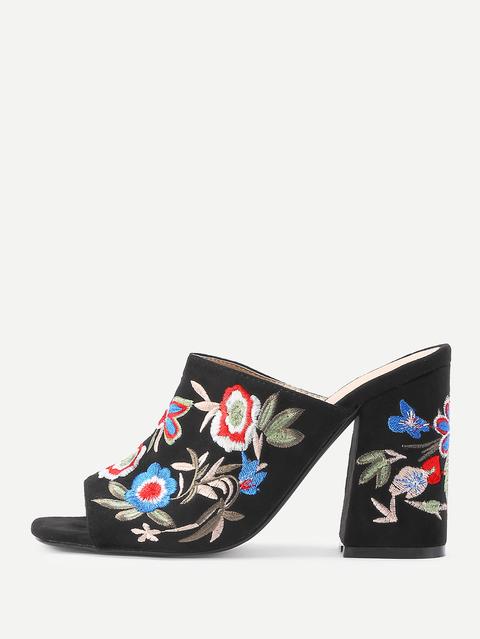 Flower Embroidery Heeled Mules