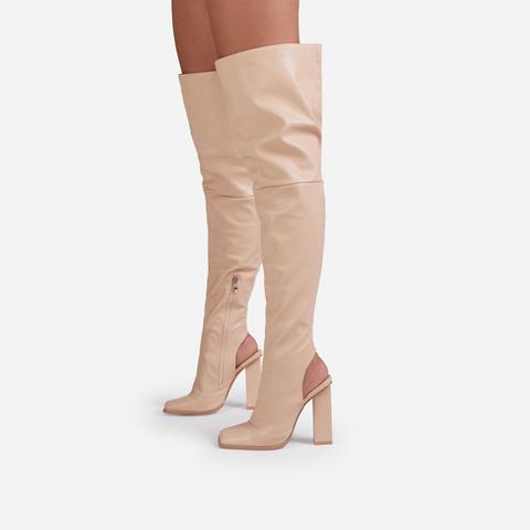 Towny Cut Out Block Heel Detail Over The Knee Thigh High Long Boot In Nude Faux Leather, Nude