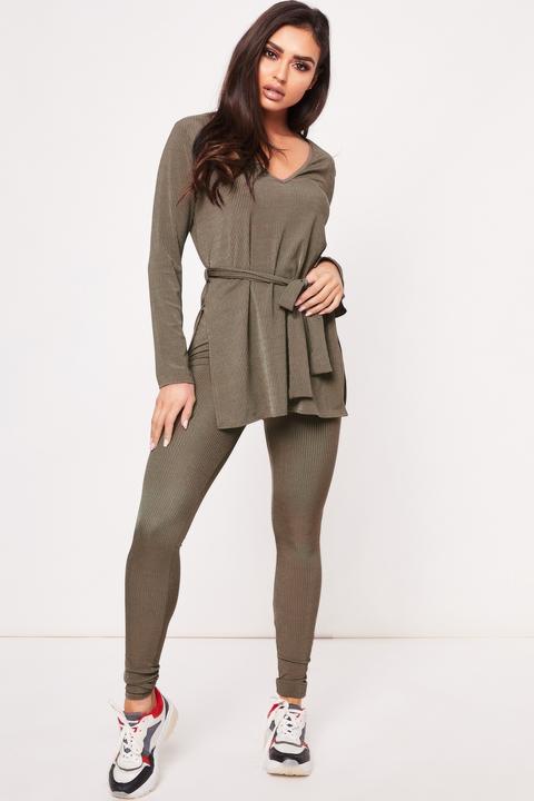 Farrah Khaki Ribbed Tie Front Lounge Set