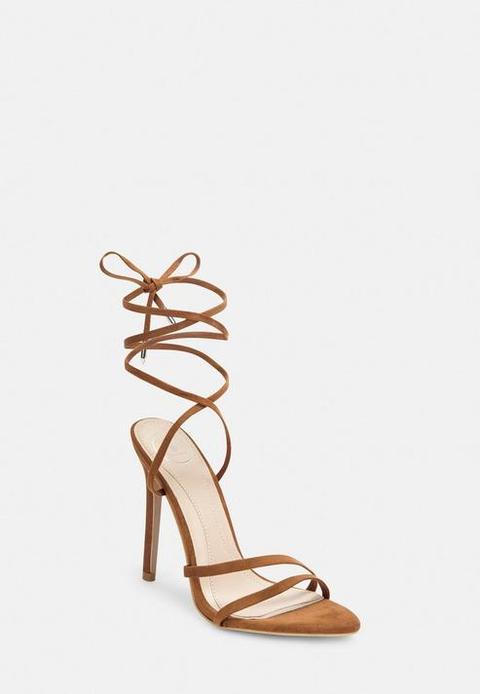 Tan Faux Suede Pointed Toe Lace Up Heeled Sandals, Tan