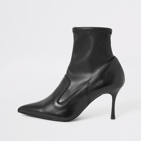 Black Leather Sock Heel Boots