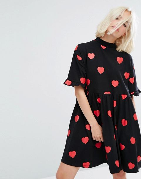 Lazy Oaf - Vestitino T-shirt A Pois A Forma Di Cuori E Fondo A Volant - Nero