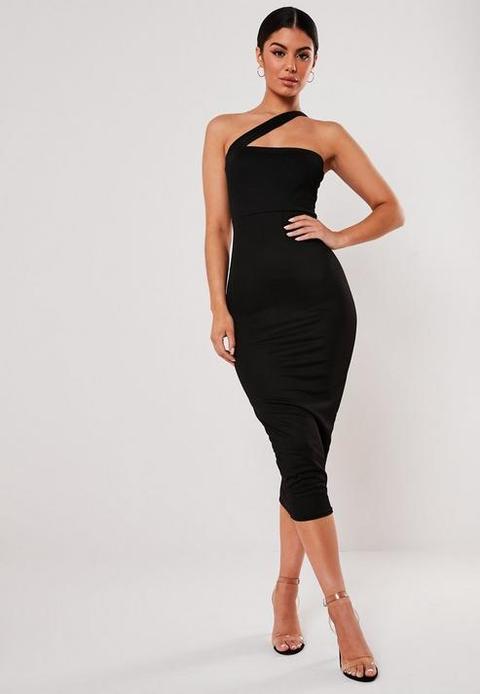 Black Asymmetric Strap Bodycon Midi Dress, Black